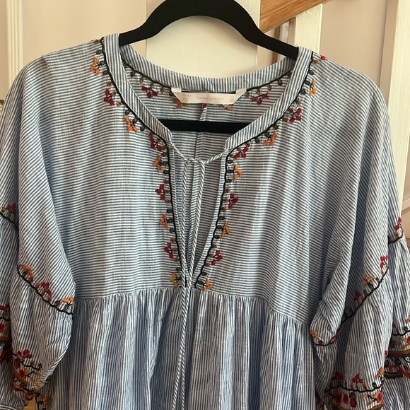 Zara Boho Mini Dress Blue and White Striped Embroidered size Small - Picture 10 of 12
